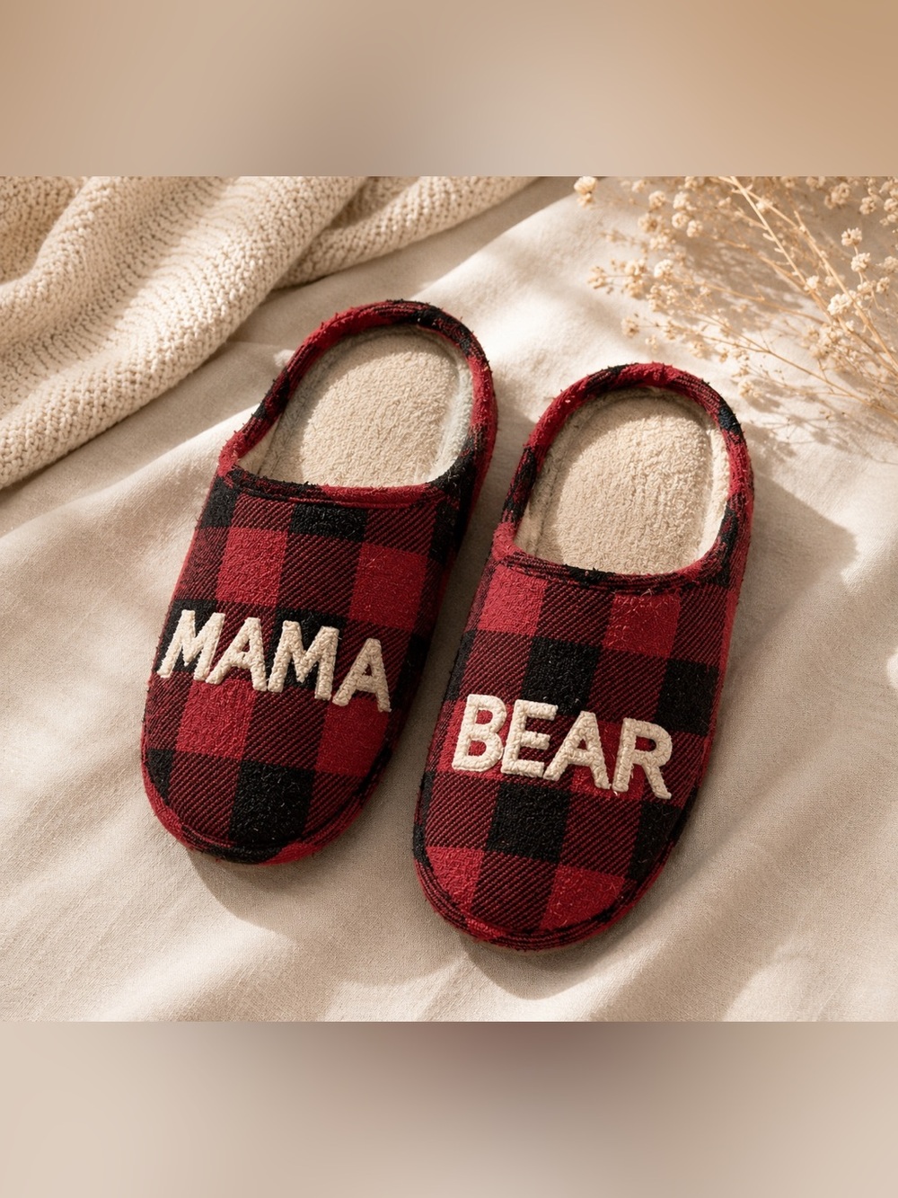Mama bear buffalo check slippers size 7-8
